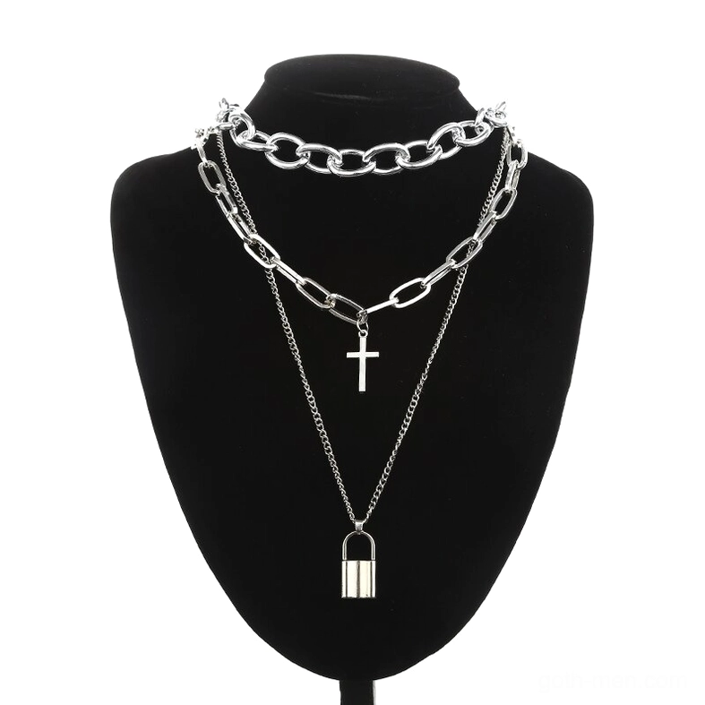 Three-layer silver chain gothic necklace with extra thick curb chain and lock cross pendant on mannequin