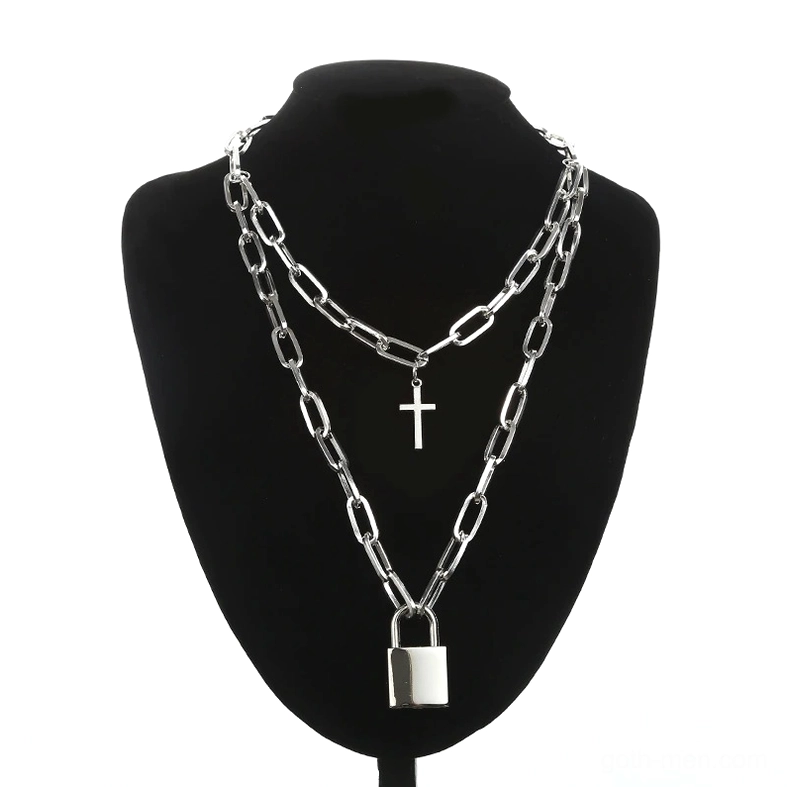 V-shaped double thick silver chain gothic necklace with cross and padlock charms on mannequin display