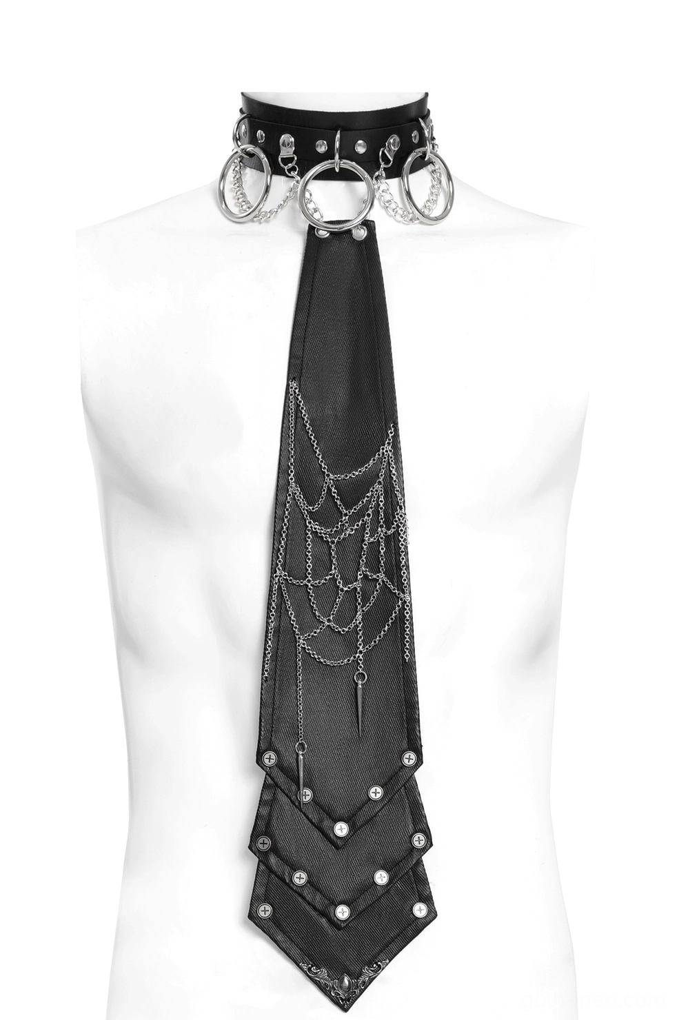 Front view of gothic chain necktie on display mannequin with studded bottom hem and silver chain web decoration