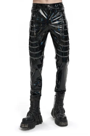 Black patent leather gothic chain pants front view on male model - slim fit punk trousers with silver chain details