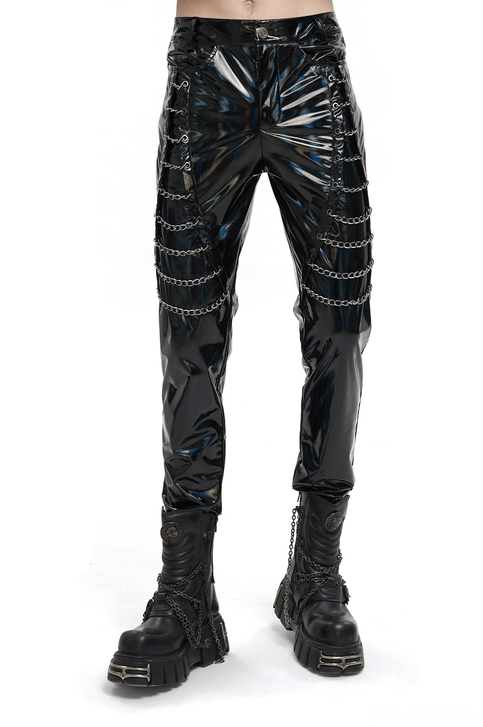 Black patent leather gothic chain pants front view on male model - slim fit punk trousers with silver chain details
