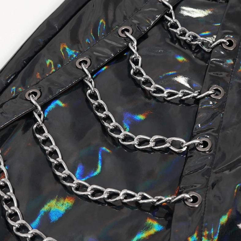 Gothic black patent leather pants styling view - punk chain trousers on model in alternative outfit