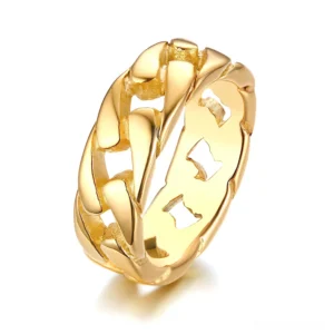 Gold-tone stainless steel gothic chain ring with authentic curb link texture, polished metal finish overhead shot