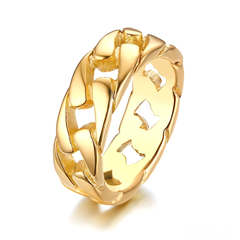 Gold-tone stainless steel gothic chain ring with authentic curb link texture, polished metal finish overhead shot