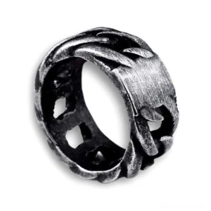Matte dark gunmetal gothic chain ring interior view showing carved hollow design details