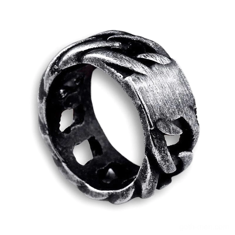 Matte dark gunmetal gothic chain ring interior view showing carved hollow design details