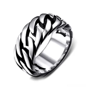 Polished silver gothic chain link biker ring with braided hollow woven texture, oblique front view