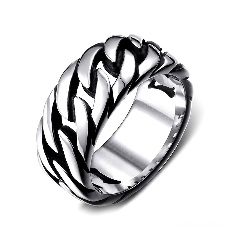 Polished silver gothic chain link biker ring with braided hollow woven texture, oblique front view