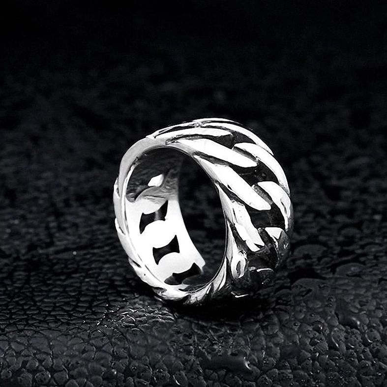 Stainless steel gothic chain link biker ring detail shot showing texture and craftsmanship