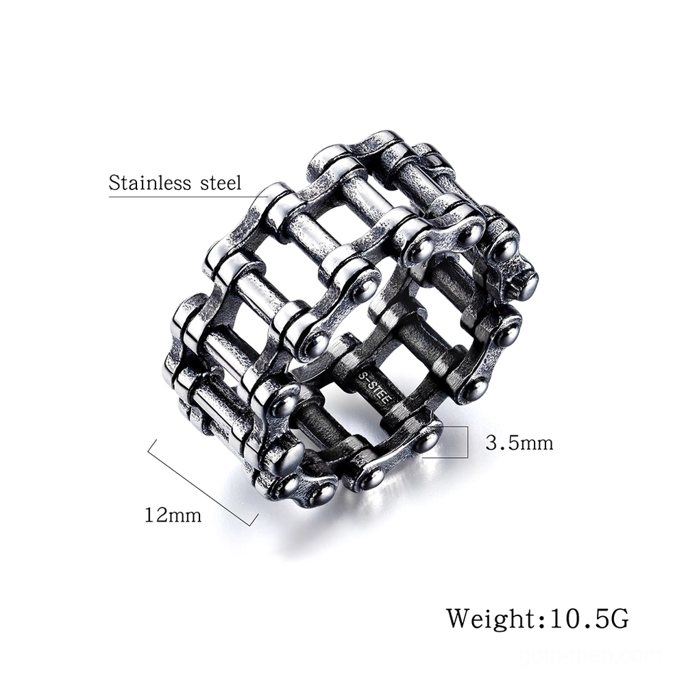 Stainless steel gothic chain ring top-down view displaying 12mm band width and link pattern details, 10.5g weight