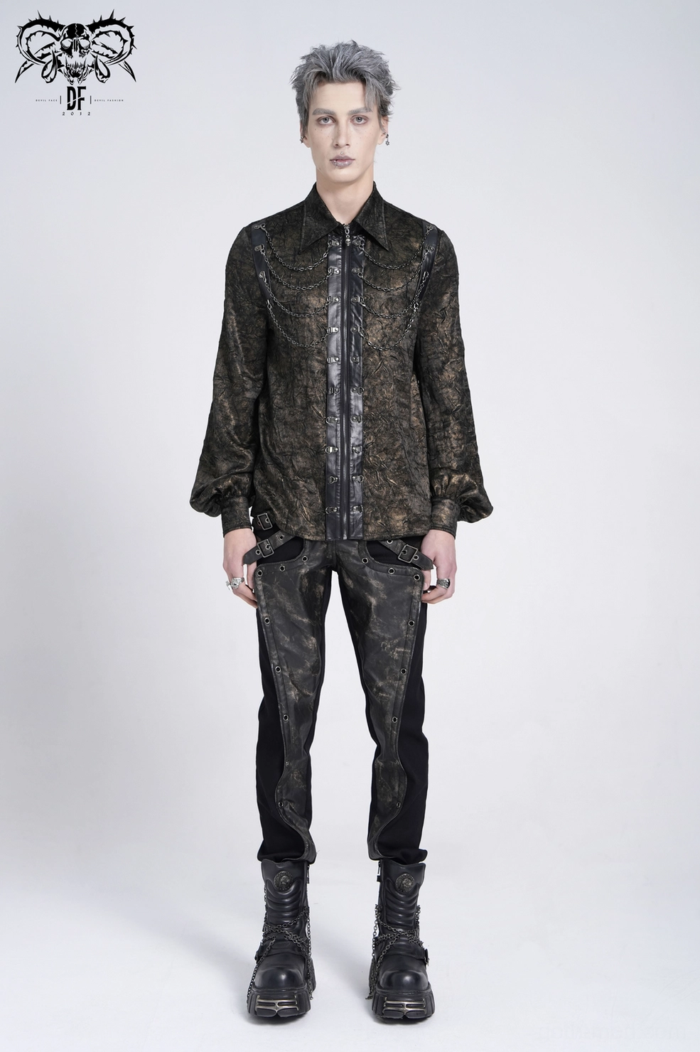 Black gothic punk chain shirt button-up front sheer textured fabric layering opportunity