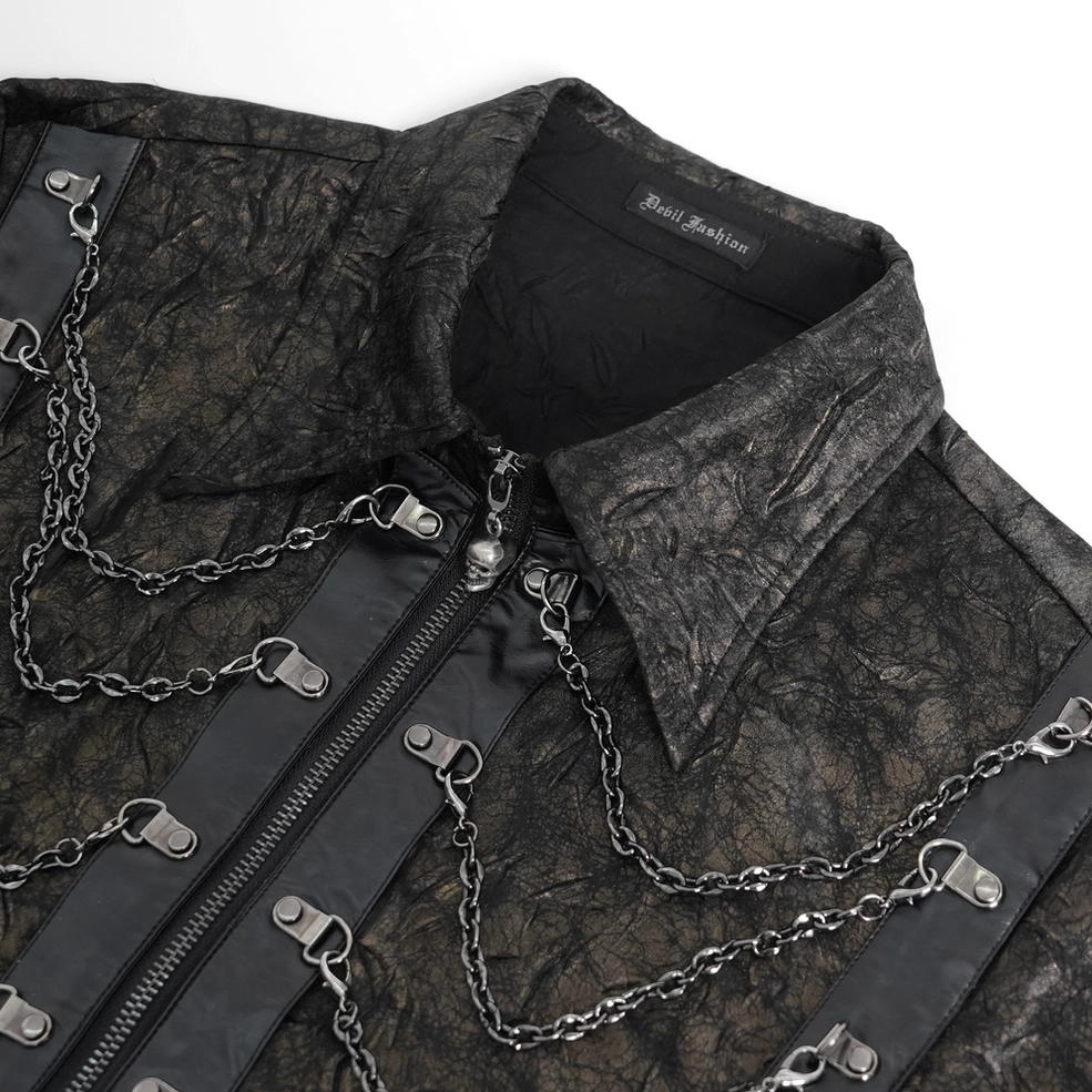 Close-up of gothic chain shirt collar placket skull zip puller faux leather trim