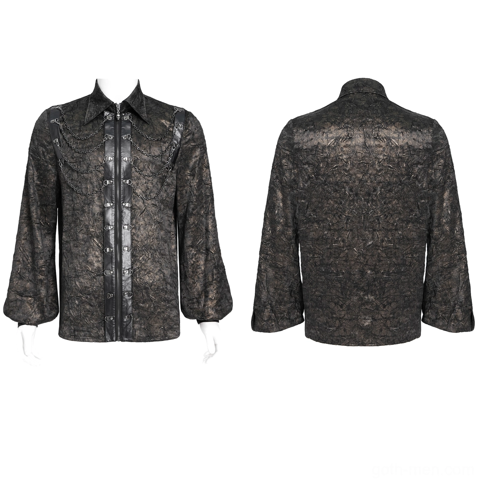 Black gothic chain shirt flat lay front and rear mannequin crinkled textured fabric