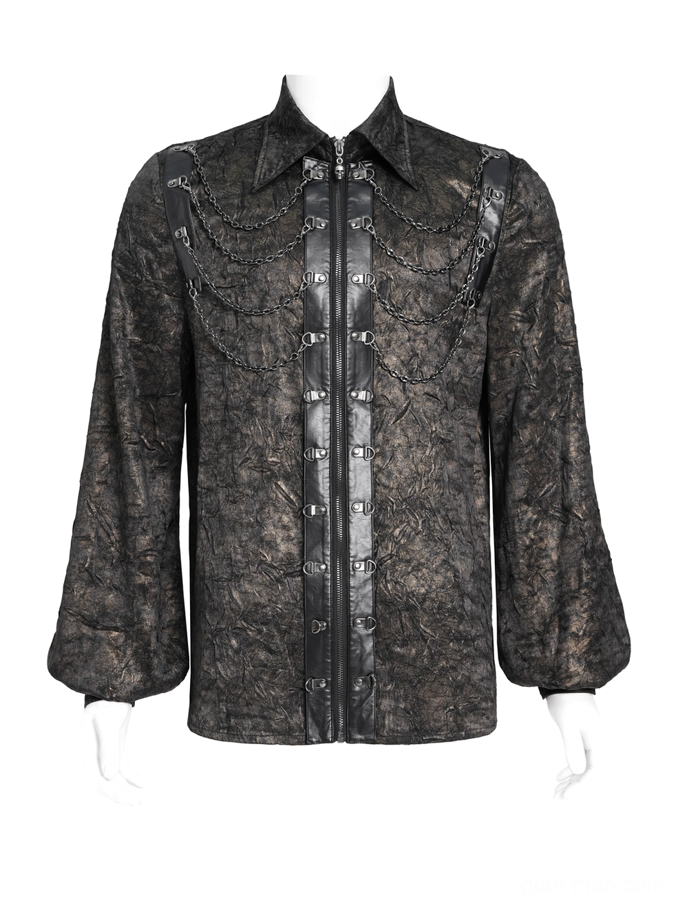 Black gothic punk zip-up shirt front mannequin chain harness and faux leather trim details