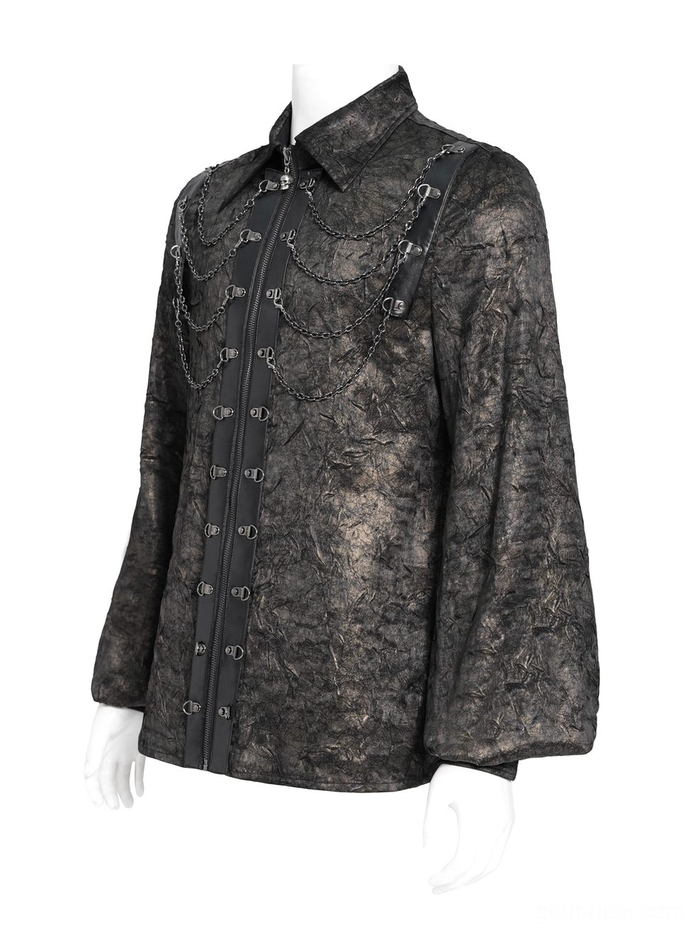 Black gothic shirt three-quarter front view skull charm zip puller metal chain decorations
