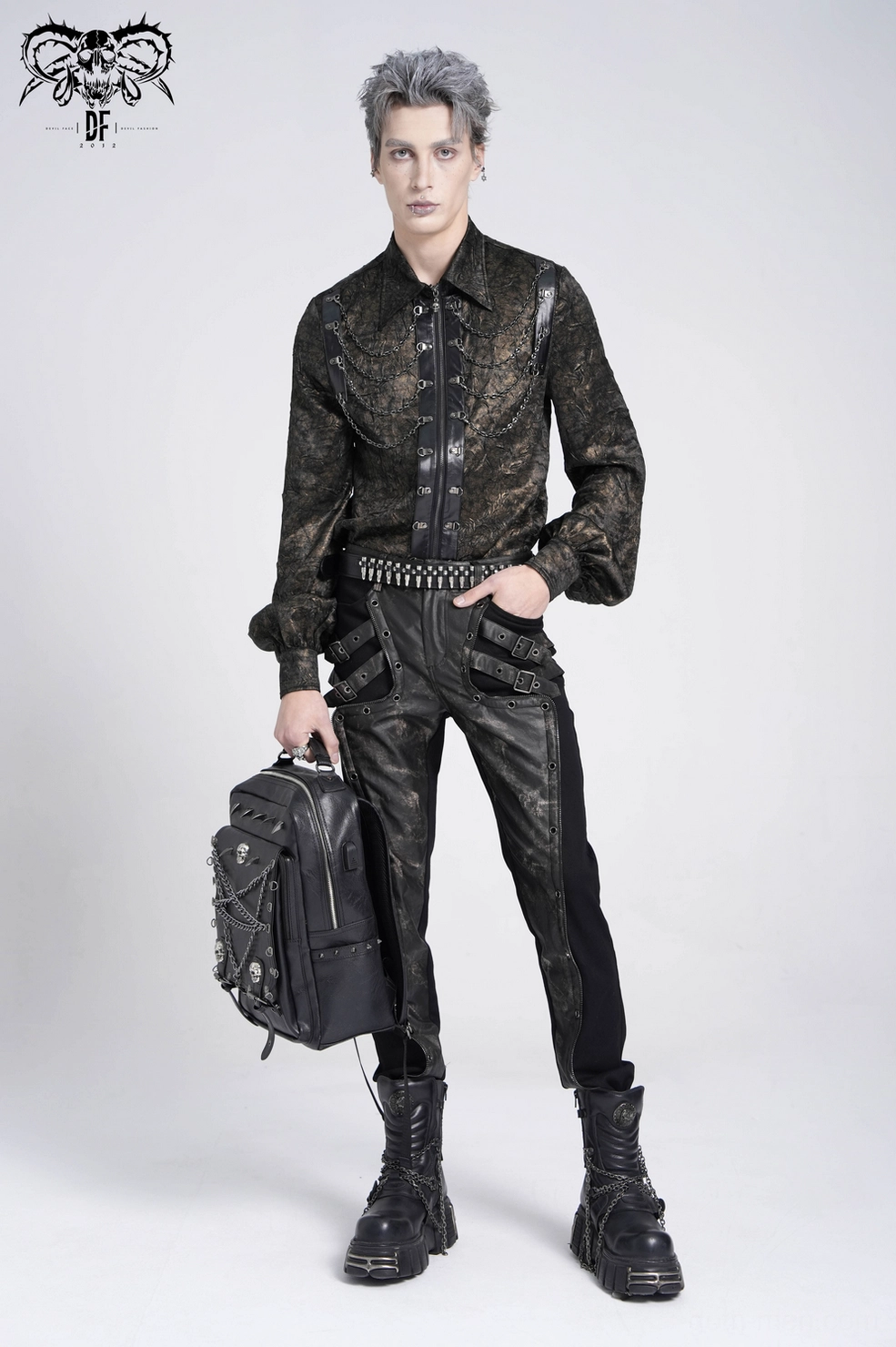 Black gothic chain shirt hem panel blouson sleeve detail alternative menswear design