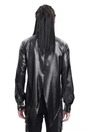 Black gothic leather shirt with split hem and chain embellishments, back view on male model
