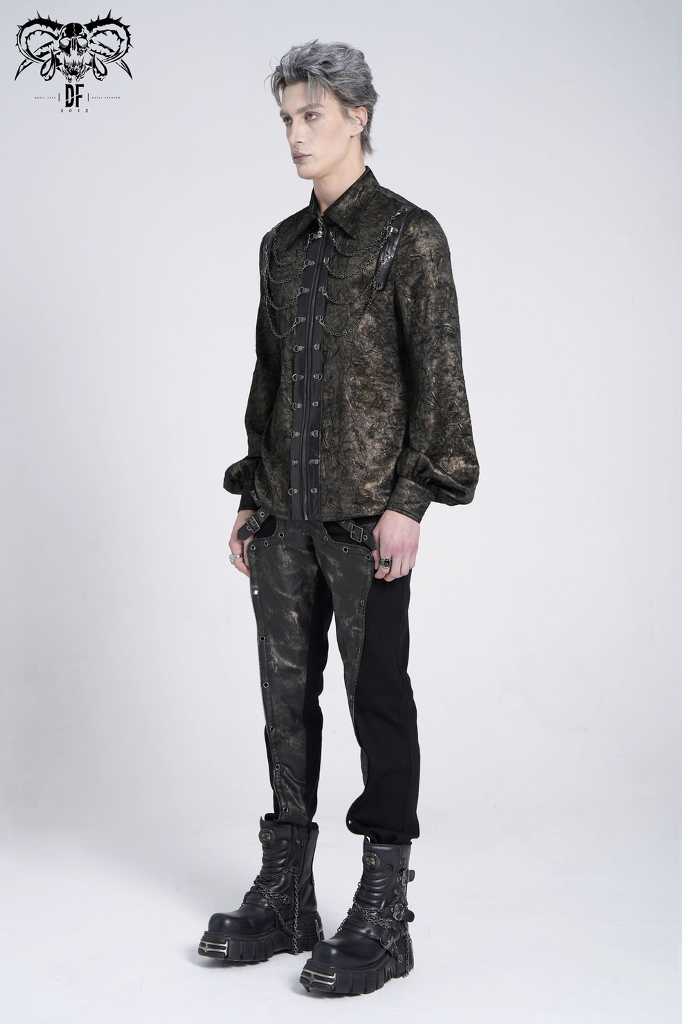 Black gothic chain shirt side profile mannequin view silhouette fit