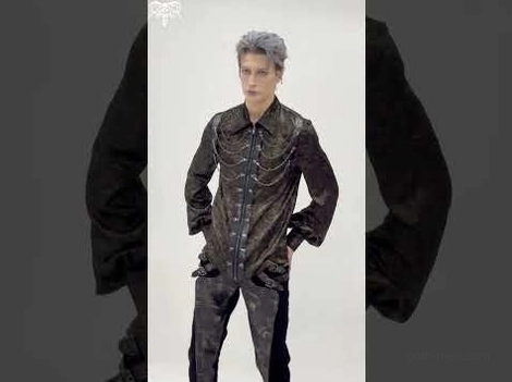 Black gothic chain harness shirt styled with tailored dark pants alternative fashion look