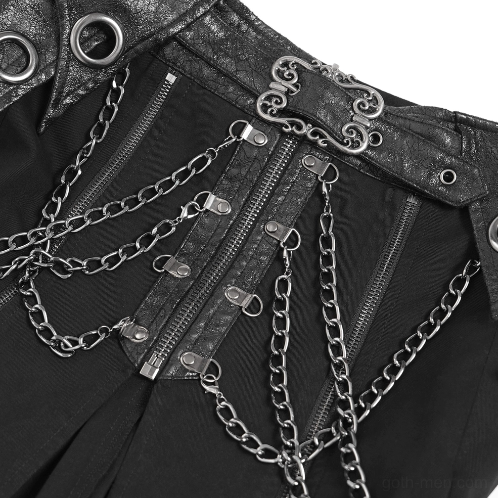 Close up detail of black gothic skirt industrial zippers metal chains hardware construction