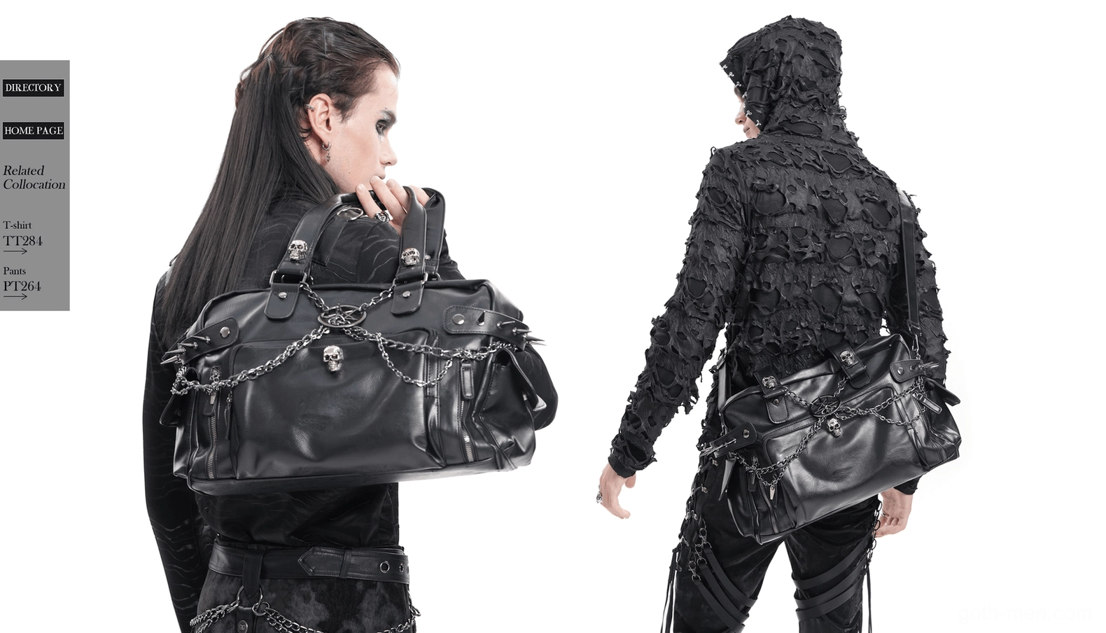 Black gothic tote bag with chain and spike embellishments displayed on model showing everyday alternative fashion versatility