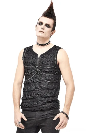 Black gothic chain sleeveless tank top worn by male model with punk styling - front view
