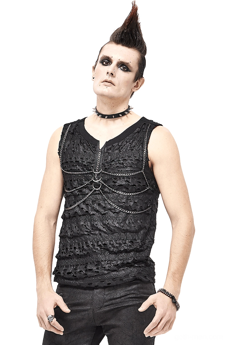 Black gothic chain sleeveless tank top worn by male model with punk styling - front view