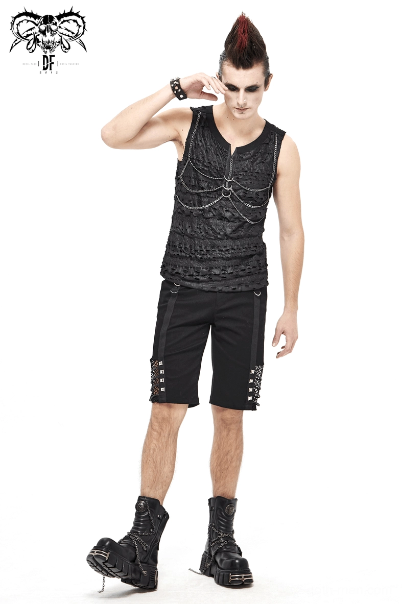 Complete view of gothic chain tank top highlighting distressed ruffles and punk-rock design elements