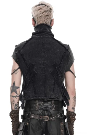 Rear view of black gothic chain vest showing side strap cutouts, frayed back trim, and high stand collar details on male model