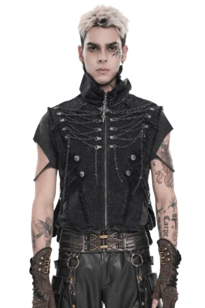 Men's black gothic high collar chain vest front view on tattooed male model wearing distressed denim with metal chain details and cross zipper pull