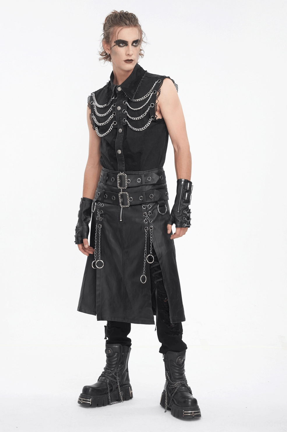 Black gothic chain mesh sleeveless vest showcasing avant-garde alternative fashion aesthetic