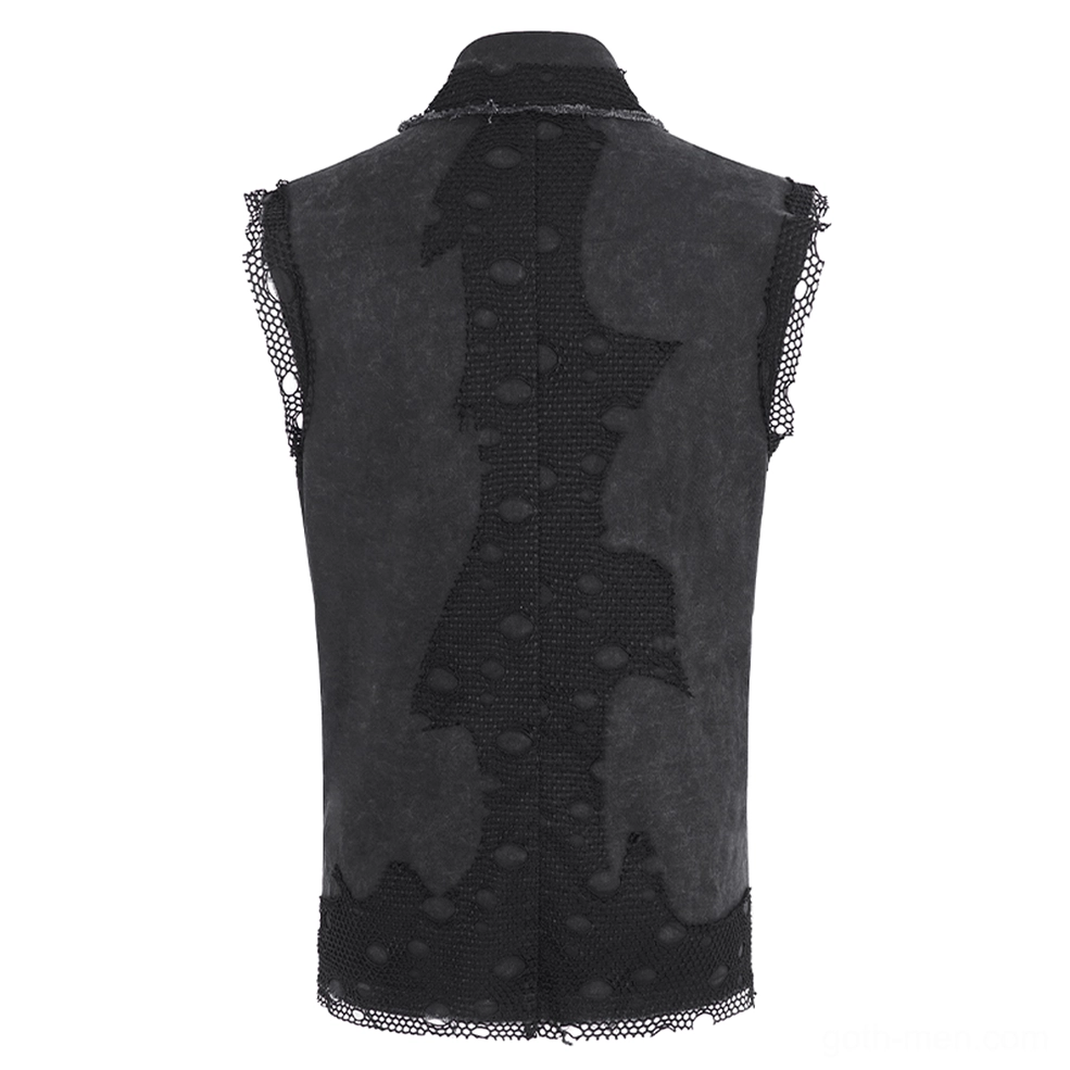 Back flat lay of gothic chain sleeveless vest displaying distressed back patch and mesh hem trim detail