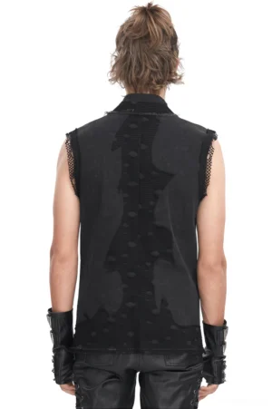 Black gothic sleeveless vest back view showing distressed mesh patch and chain decorations