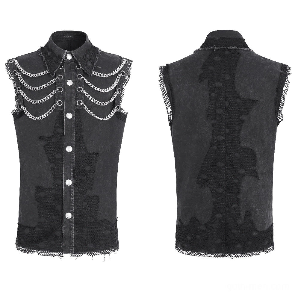 Flat lay front and back view of industrial gothic chain vest with washed black fabric and silver chain decorations