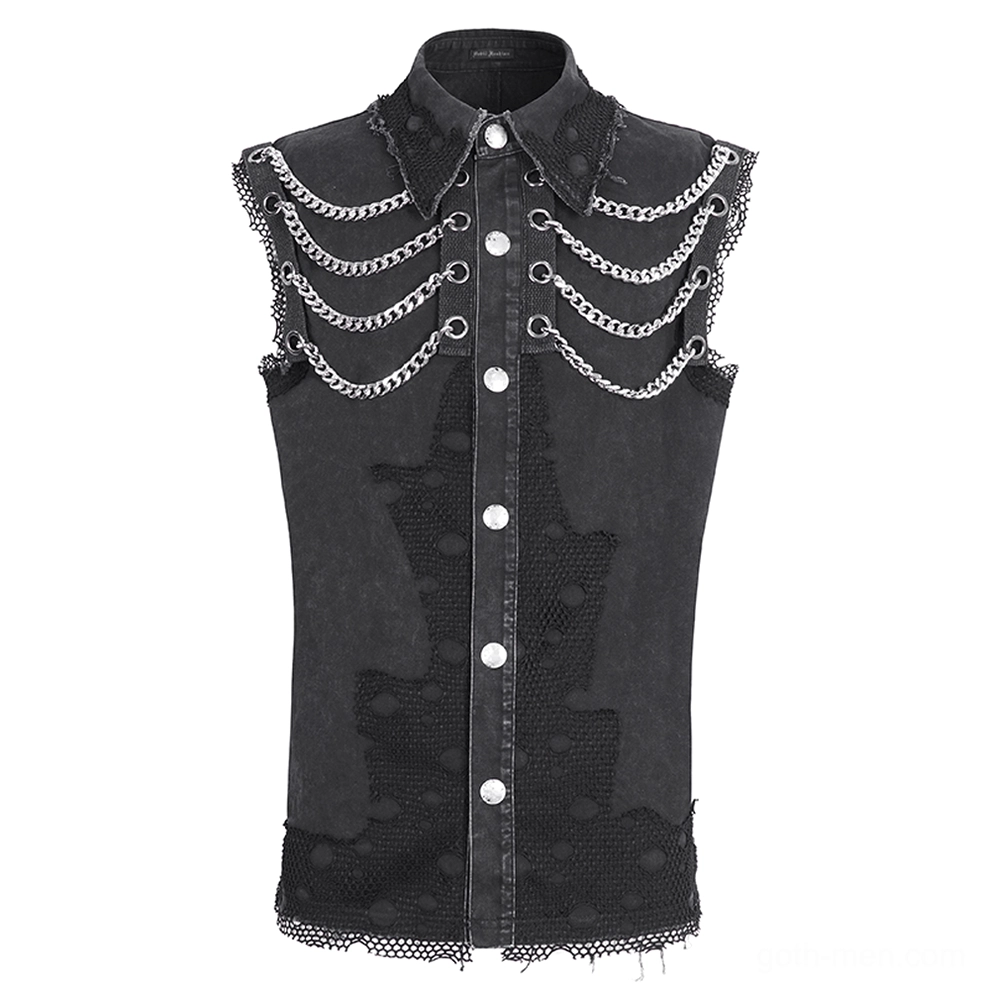 Front flat lay of industrial chain gothic sleeveless vest showing layered silver chains and snap button closure