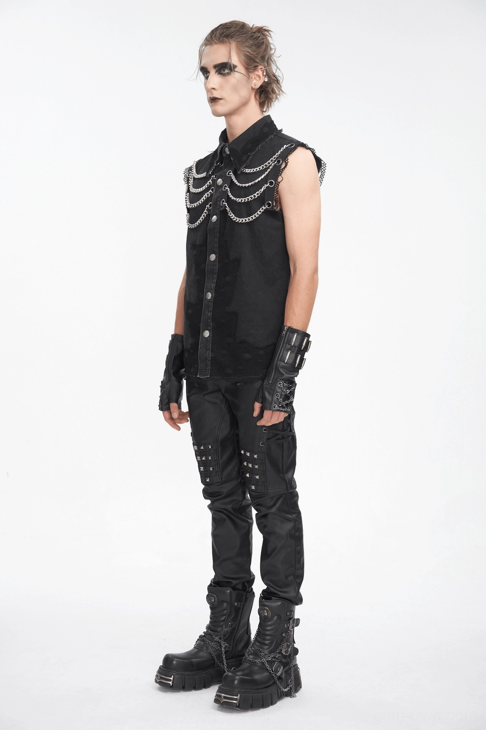 Front view industrial gothic chain sleeveless vest highlighting snap button front and neckline design