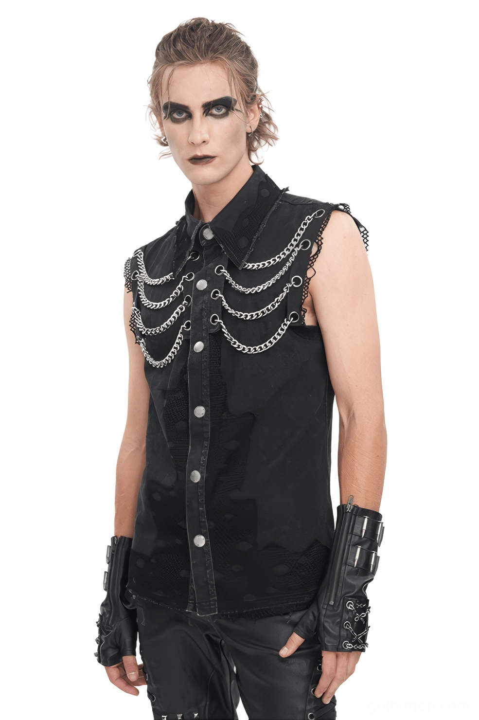 Industrial chain mesh gothic sleeveless vest for men front three-quarter view with metal chains and distressed mesh details