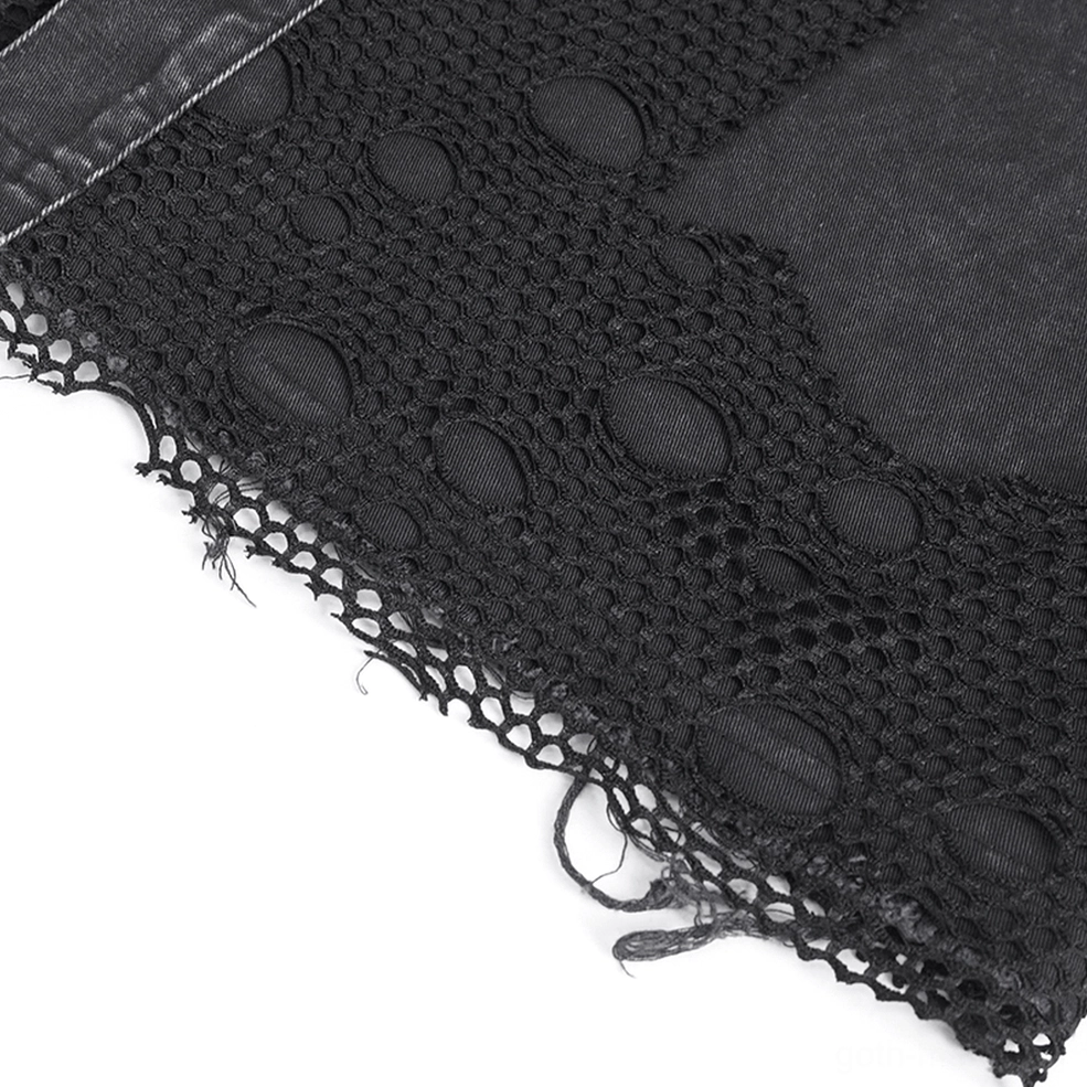 Industrial gothic chain vest metal hardware and snap button system close-up photography