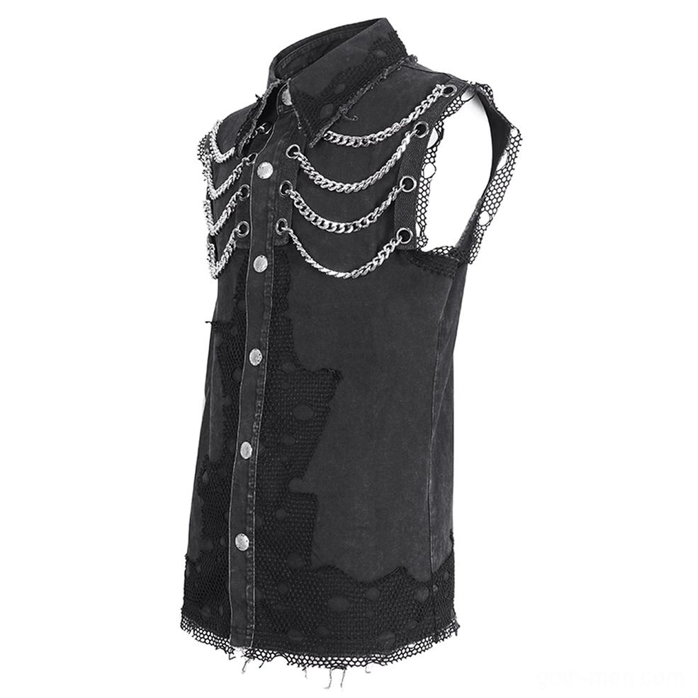 Side three-quarter flat lay view of black gothic chain vest showing collared sleeveless design and chain elements