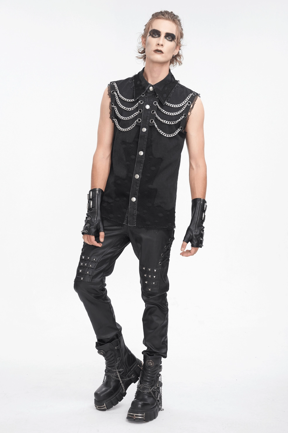 Industrial gothic sleeveless chain vest worn view demonstrating fit and movement capability
