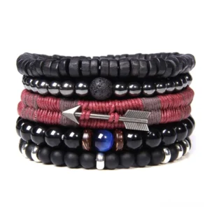 Midnight black gothic charm bracelet with natural stone beads, wine-red braided band, and silver arrow ornament – handmade multi-layer vintage design