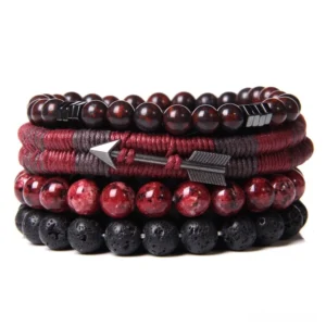 Crimson shadow multi-layer gothic bracelet featuring speckled red beads, black lava stones, wine-red wooden accents, and black arrow charm detail