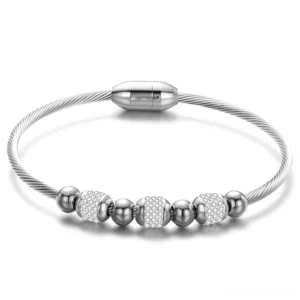 Silver gothic stainless steel charm bracelet with crystal-encrusted beads and magnetic clasp front view