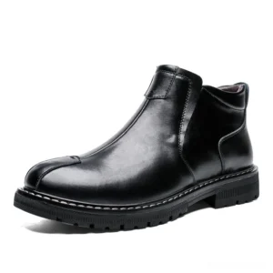 Black gothic split leather Chelsea boots for men, slip-on ankle boot with stitched rubber sole