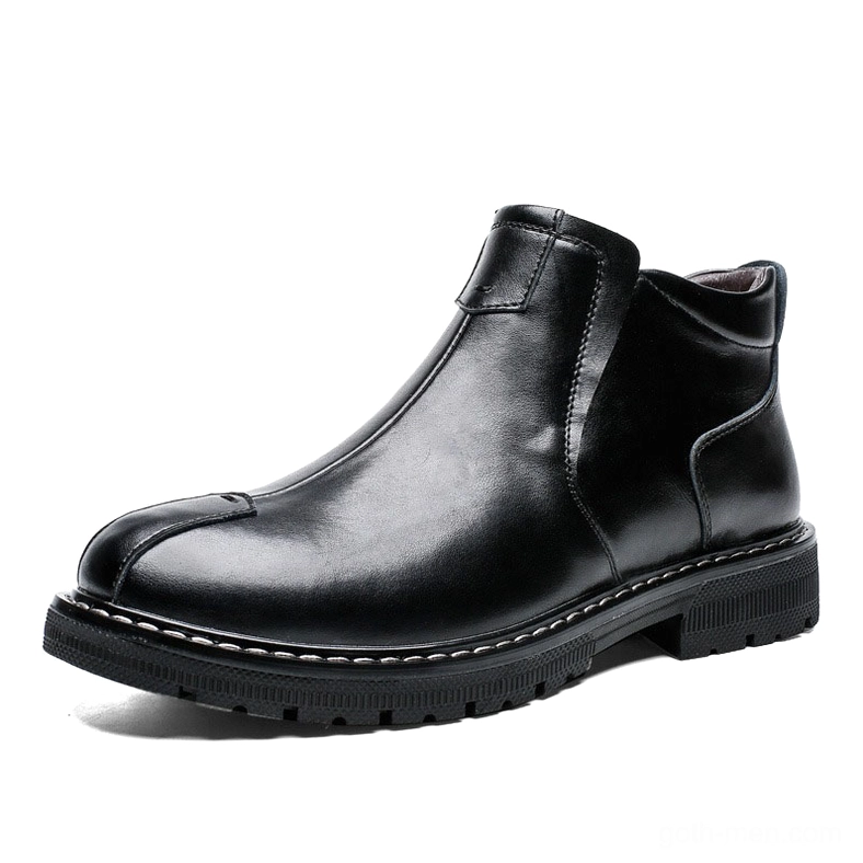 Black gothic split leather Chelsea boots for men, slip-on ankle boot with stitched rubber sole
