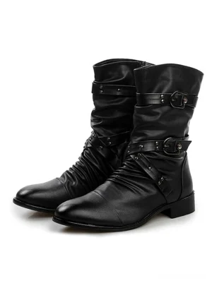 Men's black gothic Chelsea boots with dual buckle straps front three-quarter view, PU leather pointed toe mid-calf boot