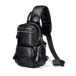 Black gothic waterproof chest bag front three-quarter view with pebbled leather texture and multi-zipper compartments