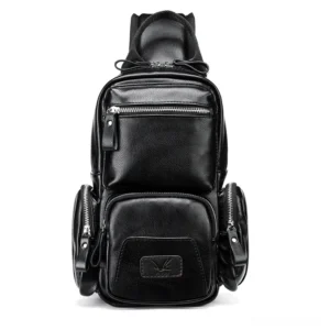 Waterproof sling bag direct front view showing dual zipper pockets and expandable side pouches for alternative fashion