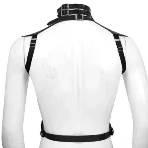 Back view of black leather chest harness on mannequin showing waist securing strap, back neck buckle, and shoulder harness details