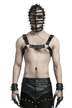 Black gothic chest harness with metal roller loops worn by male model in front full-body studio view